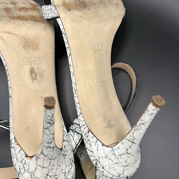 J Crew Size 9 Crackled Ankle Strap High Heel Leather Sandals White Black Marble - Picture 6 of 9